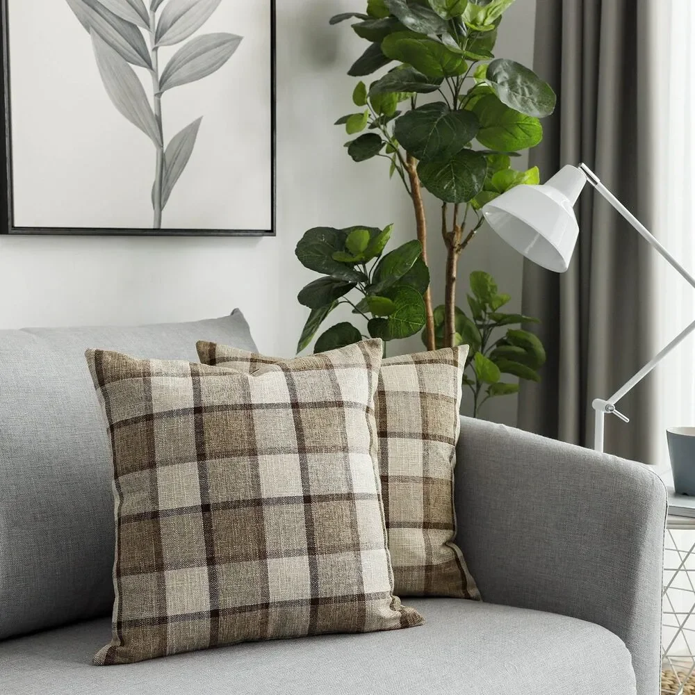 Set of 2, 18x18 Inch, Retro Plaid Linen Throw Pillow Covers (Natural + Brown)